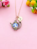 Teapot Blue Porcelain Flower Charm Gold Necklace, N6070B