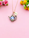 Teapot Blue Porcelain Flower Charm Gold Necklace, N6070B