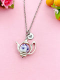 Teapot Porcelain Purple Flower Charm Silver Necklace, N6070E