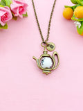 Teapot Porcelain Black Flower Charm Bronze Necklace, N6070F