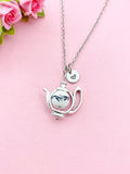 Teapot Porcelain Black Flower Charm Silver Necklace, N6070G