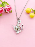 Teapot Porcelain Brown Flower Charm Silver Necklace, N6070H