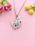 Teapot Porcelain Brown Flower Charm Silver Necklace, N6070H