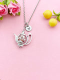 Teapot Porcelain Orange Flower Charm Silver Necklace, N6070I