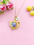 Teapot Porcelain Purple Flower Charm Gold Necklace, N6070J