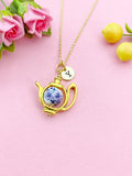 Teapot Porcelain Purple Flower Charm Gold Necklace, N6070J