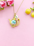 Teapot Porcelain Green Flower Charm Gold Necklace, N6070K