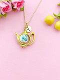 Teapot Porcelain Green Flower Charm Gold Necklace, N6070K