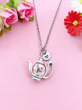 Teapot Porcelain Purple Flower Charm Silver Necklace, N6070L
