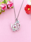Teapot Porcelain Purple Flower Charm Silver Necklace, N6070L