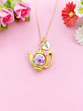 Teapot Porcelain Purple Flower Charm Gold Necklace, N6070M