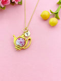 Teapot Porcelain Purple Flower Charm Gold Necklace, N6070M