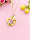 Teapot Porcelain Purple Flower Charm Gold Necklace, N6070M