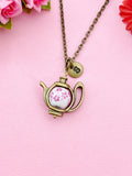 Teapot Porcelain Pink Flower Charm Bronze Necklace, N6070P