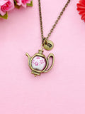Teapot Porcelain Pink Flower Charm Bronze Necklace, N6070P