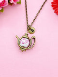 Teapot Porcelain Pink Flower Charm Bronze Necklace, N6070P