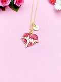 Heart Electrocardiogram Charm Gold Necklace, Red Electrocardiogram Heart Charm, N5495