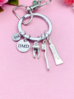 DMD Dental Dentist Keychain, Silver DMD Toothpaste Toothbrush Tooth Molar Charm Keychain, N6075