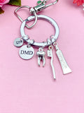 DMD Dental Dentist Keychain, Silver DMD Toothpaste Toothbrush Tooth Molar Charm Keychain, N6075