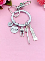 DMD Dental Dentist Keychain, Silver DMD Toothpaste Toothbrush Tooth Molar Charm Keychain, N6075
