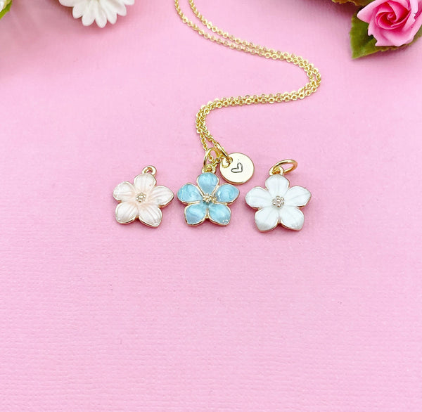 Hibiscus Flower Charm Necklace, Blue Tropical Flower Gold Necklace, Personalized Gift, N1956E