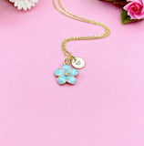 Hibiscus Flower Charm Necklace, Blue Tropical Flower Gold Necklace, N1956EE