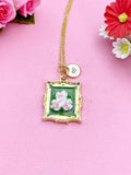 Rose Flower Charm Gold Necklace, Pink Rose, Green, Personalized Gift, N6076B