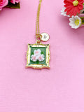 Rose Flower Charm Gold Necklace, Pink Rose, Green, Personalized Gift, N6076B