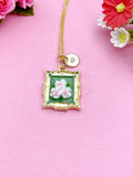 Rose Flower Charm Gold Necklace, Pink Rose, Green, Personalized Gift, N6076B