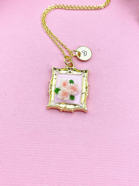 Rose Flower Charm Gold Necklace, Pink Rose, Pink, Personalized Gift, N6076C