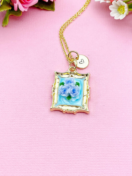 Rose Flower Charm Gold Necklace, Blue Rose, Personalized Gift, N6076CD