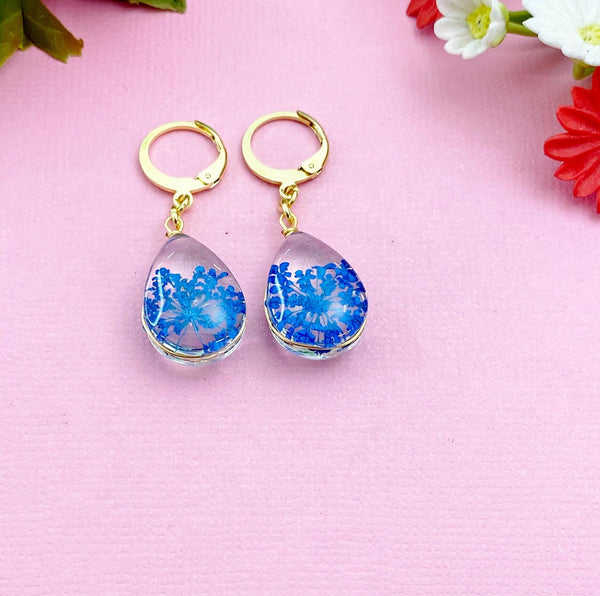 Gold Blue Press Flower Earrings, N3274