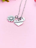 Godmother Sunflower Charm Necklace, Personalized Initial Pendant