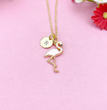 Gold Flamingo Charm Necklace, Initial Pendant, Pink Bird Jewelry, N2677
