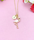 Gold Flamingo Charm Necklace, Initial Pendant, Pink Bird Jewelry, N2677