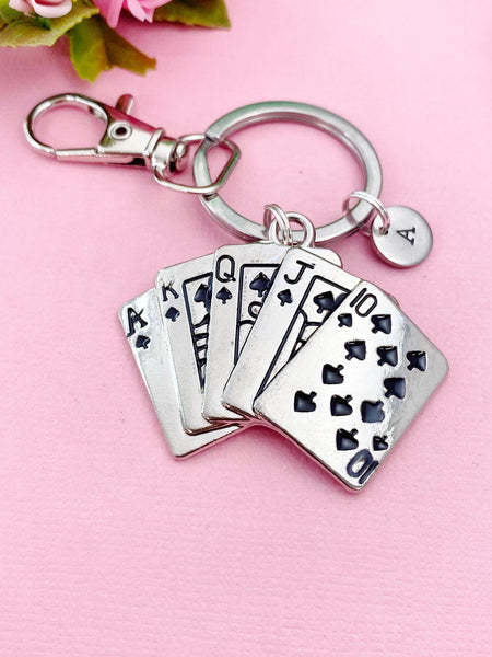 Silver Large Play Card Charm Keychain, Poker Jewelry Gifts, N5738A