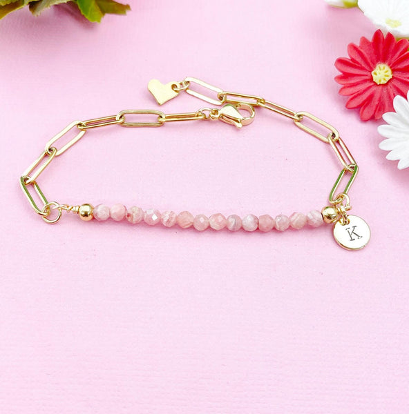 Rhodochrosite Bracelet, Gold or Silver Stainless Steel Paperclip Chains Bracelet, Natural Gemstone Jewelry N6080
