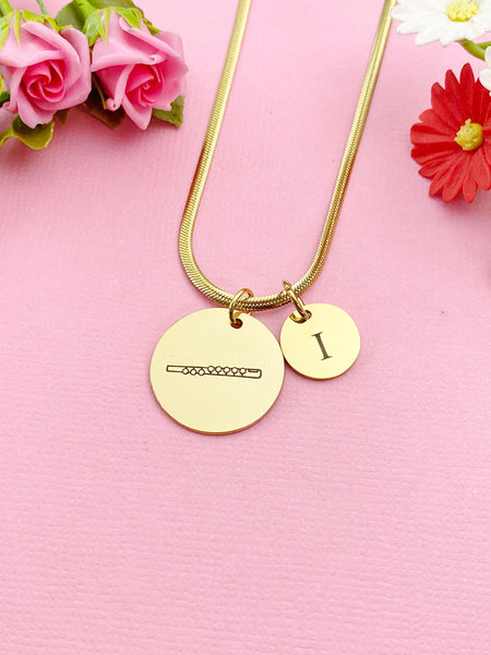 Flute Charm Necklace, Silver or Gold Stainless Steel Musician Necklace, D498