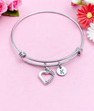 Heart Charm Bracelet, Initial Bangle, Stainless Steel