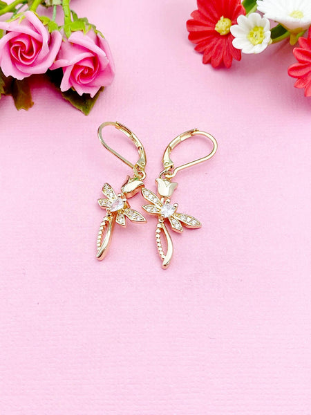 Cross Tulip Dragonfly Charm Gold Earrings, NL366