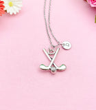 Golf Club Initial Necklace, Antique Silver, Stainless Steel Chain