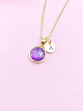 Gold Amethyst Charm Necklace, Initial Pendant, Personalized Jewelry, N3442
