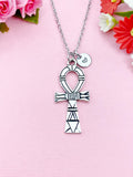 Ankh Cross Necklace, Personalized Initial Charm, Egyptian Jewelry