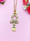Gold Ankh Cross Necklace, Personalized Initial Charm, N5769