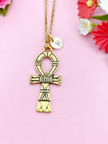 Gold Ankh Cross Necklace, Personalized Initial Charm, N5769