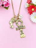 Gold Nefertiti Queen Ankh Necklace, Cross Necklace, Ankh Cross Charm, Egyptian Cross Charm, N5769D