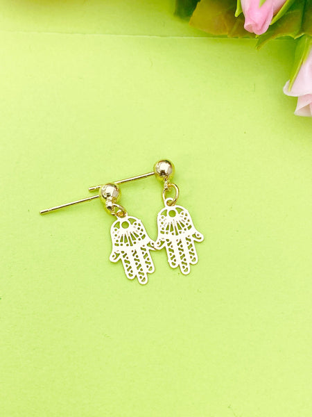 Hamsa Hand Charm Gold Earrings, Stud or Dangle Earring Option, N6084