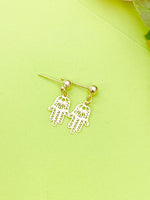 Hamsa Hand Charm Gold Earrings, Stud or Dangle Earring Option, N6084