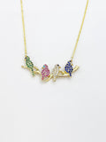 Bird Necklace, Gold Green Pink Blue Diamond Bird on the Branch Charm Necklace, N6086
