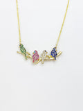 Gold Bird on Branch Necklace, Colorful Cubic Zirconia